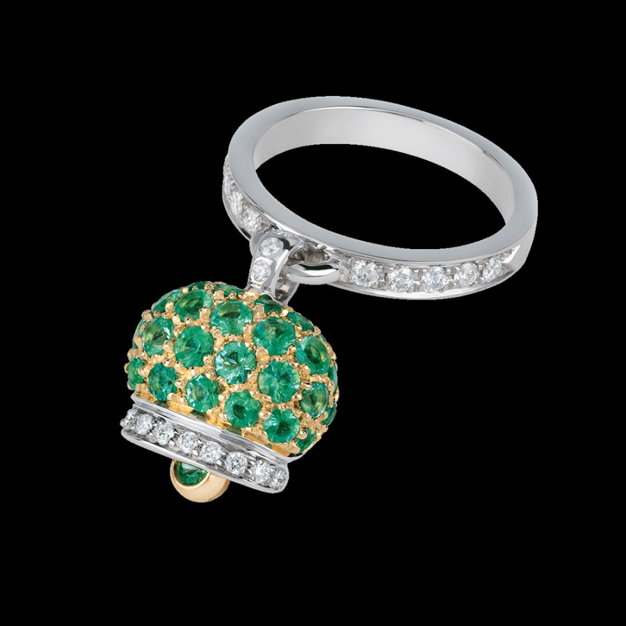 Jewelry Chantecler | Anello Campanella Piccolo In Oro Giallo E Bianco 18Kt, Diamanti E Pave Di Smeraldi Cod.17937