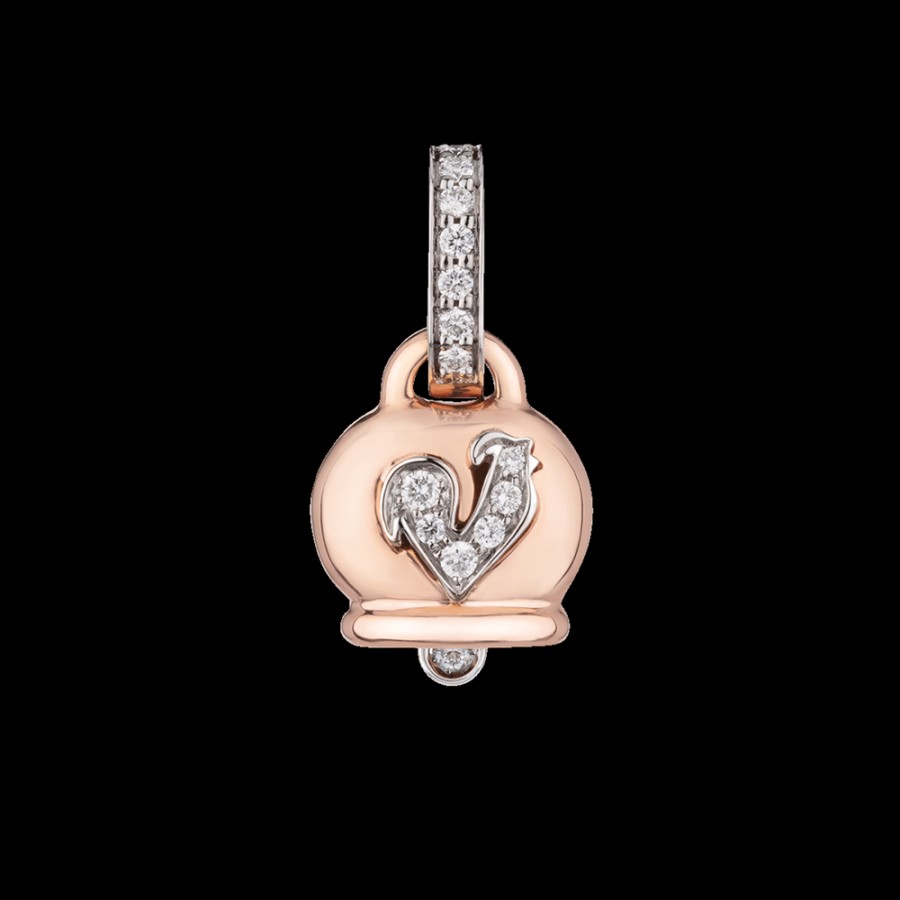 Jewelry Chantecler | Ciondolo Campanella Piccolo In Oro Rosa 18Kt, Diamanti E Gallo In Pave Di Diamanti Cod.22170