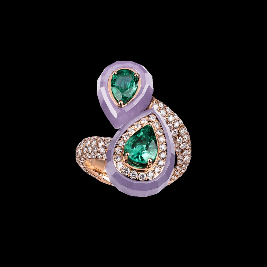 Jewelry Chantecler | Anello Contrarie Joyful In Oro Rosa 18Kt, Diamanti, Smeraldi E Giada Lavanda Cod.41638