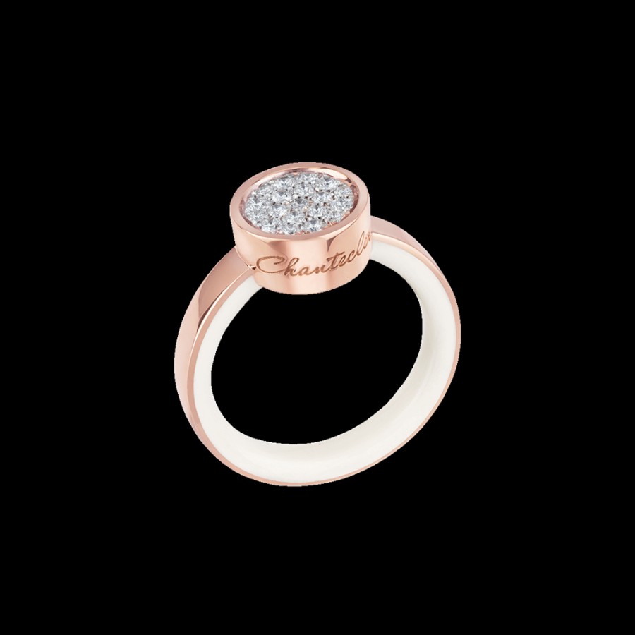 Jewelry Chantecler | Anello Capritude Paillettes In Oro Rosa 18Kt, Pave Di Diamanti E Smalto Bianco Cod.41139