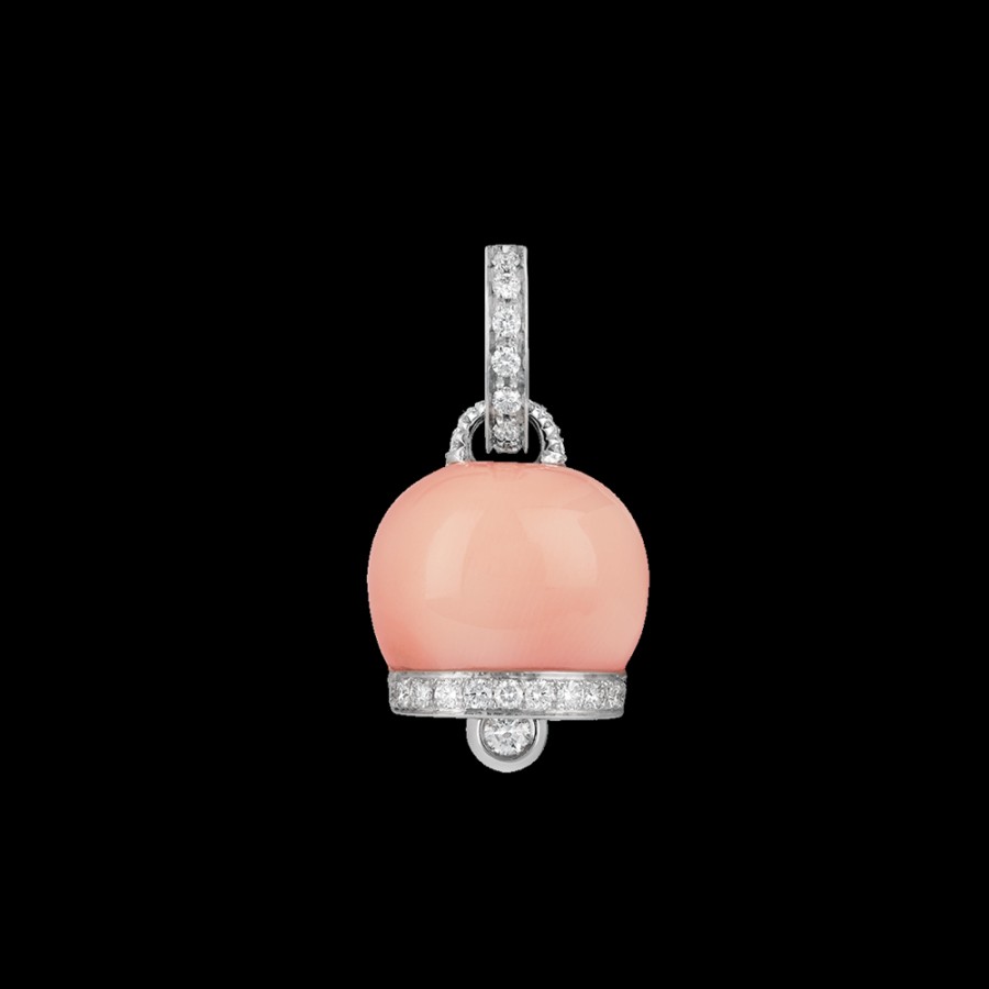 Jewelry Chantecler | Ciondolo Campanella Medio In Oro Bianco 18Kt, Diamanti E Corallo Rosa Cod.17564