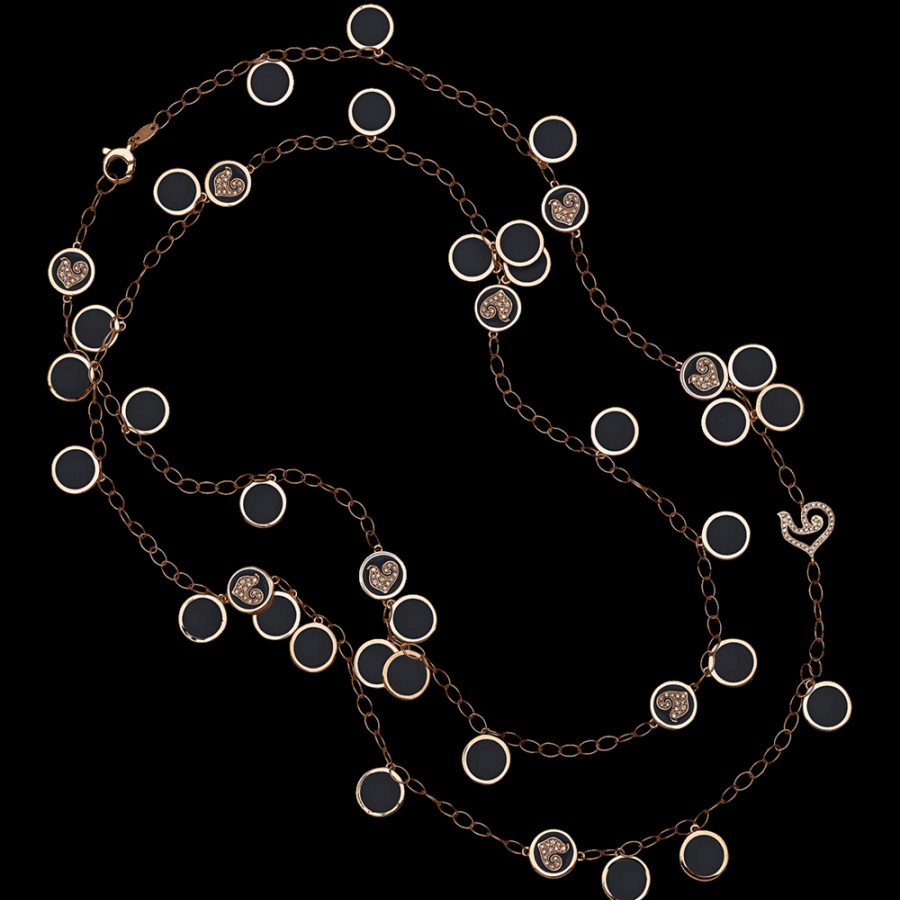 Jewelry Chantecler | Collana Lunga Paillettes 90Cm In Oro Rosa 18Kt, Diamanti E Smalto Nero Cod.42611