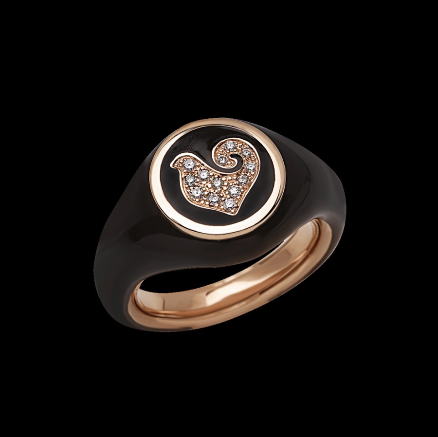 Jewelry Chantecler | Anello Paillettes Sygillum In Oro Rosa 18Kt, Galletto In Pave Di Diamanti E Smalto Nero Cod.42700