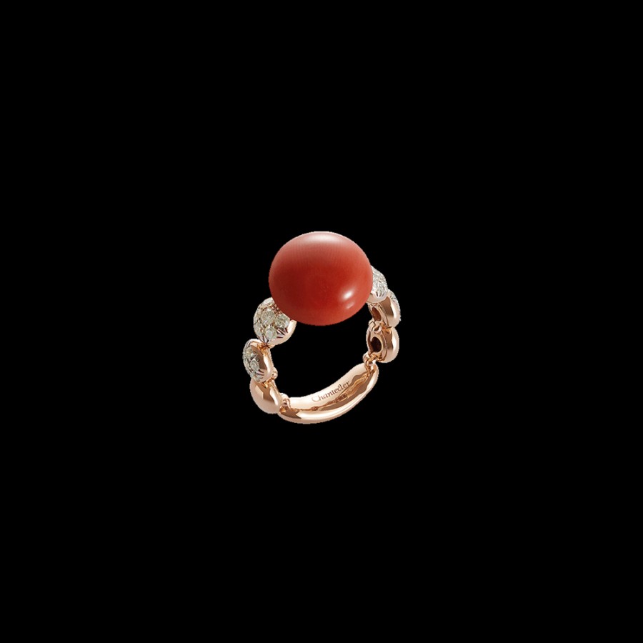 Jewelry Chantecler | Anello Bon Bon In Oro Rosa 18Kt, Diamanti E Corallo Rosso Cod.37974