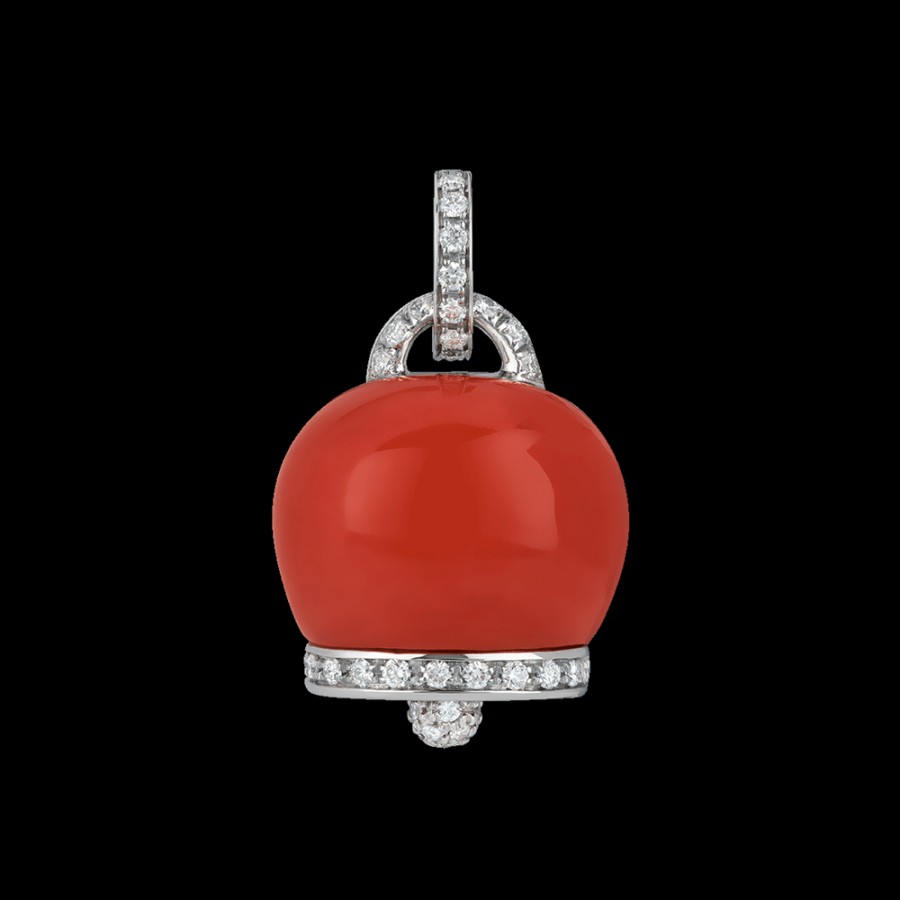 Jewelry Chantecler | Ciondolo Campanella Grande In Oro Bianco 18Kt, Diamanti E Corallo Rosso Cod.16865