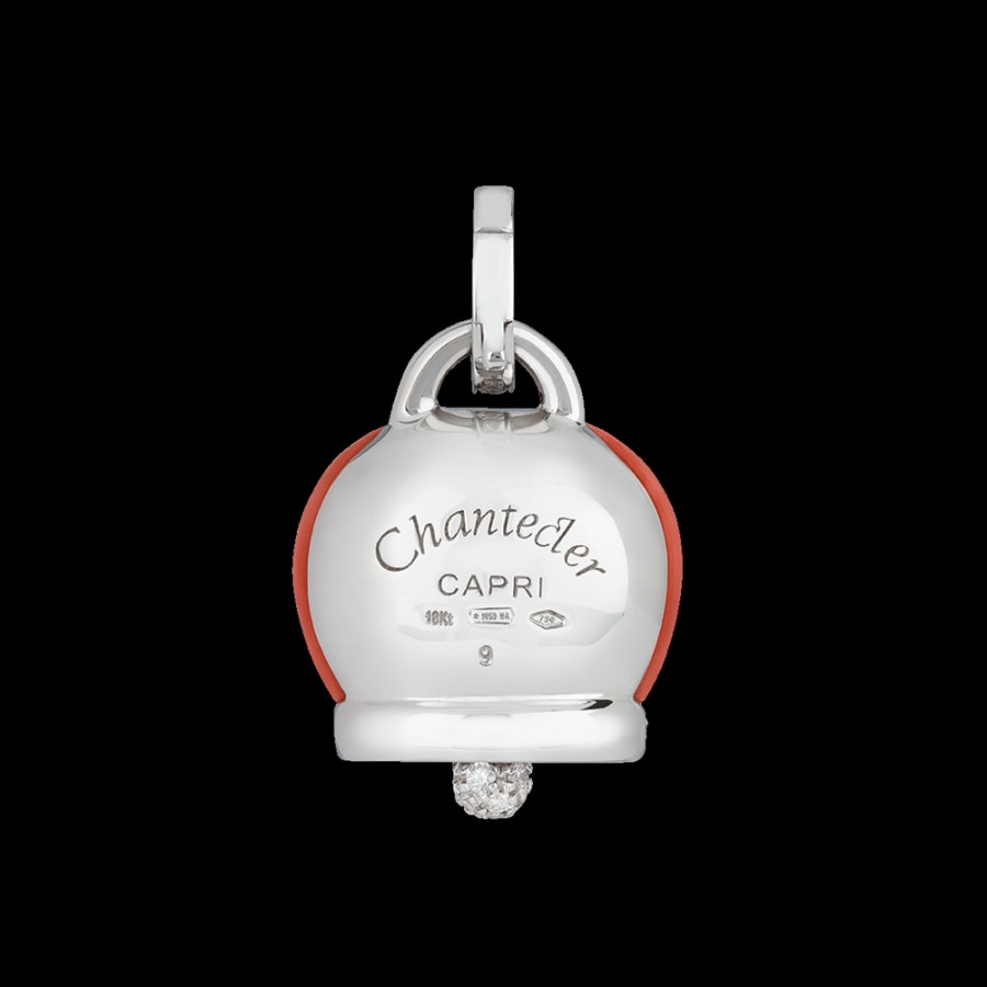 Jewelry Chantecler | Ciondolo Campanella Grande In Oro Bianco 18Kt, Diamanti E Corallo Rosso Cod.16865