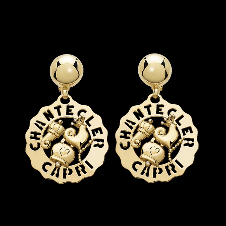 Jewelry Chantecler | Orecchini Logo Gallo, Campanella, Cornetto Piccoli In Oro Giallo 18Kt E Diamanti Cod.39932