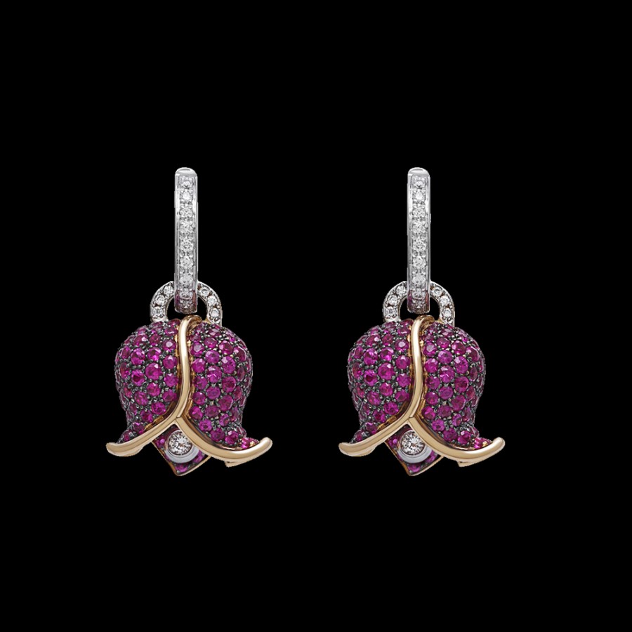 Jewelry Chantecler | Orecchini Campanella Bouganville Medi In Oro Rosa 18Kt, Diamanti E Zaffiri Rosa. Cod.42320