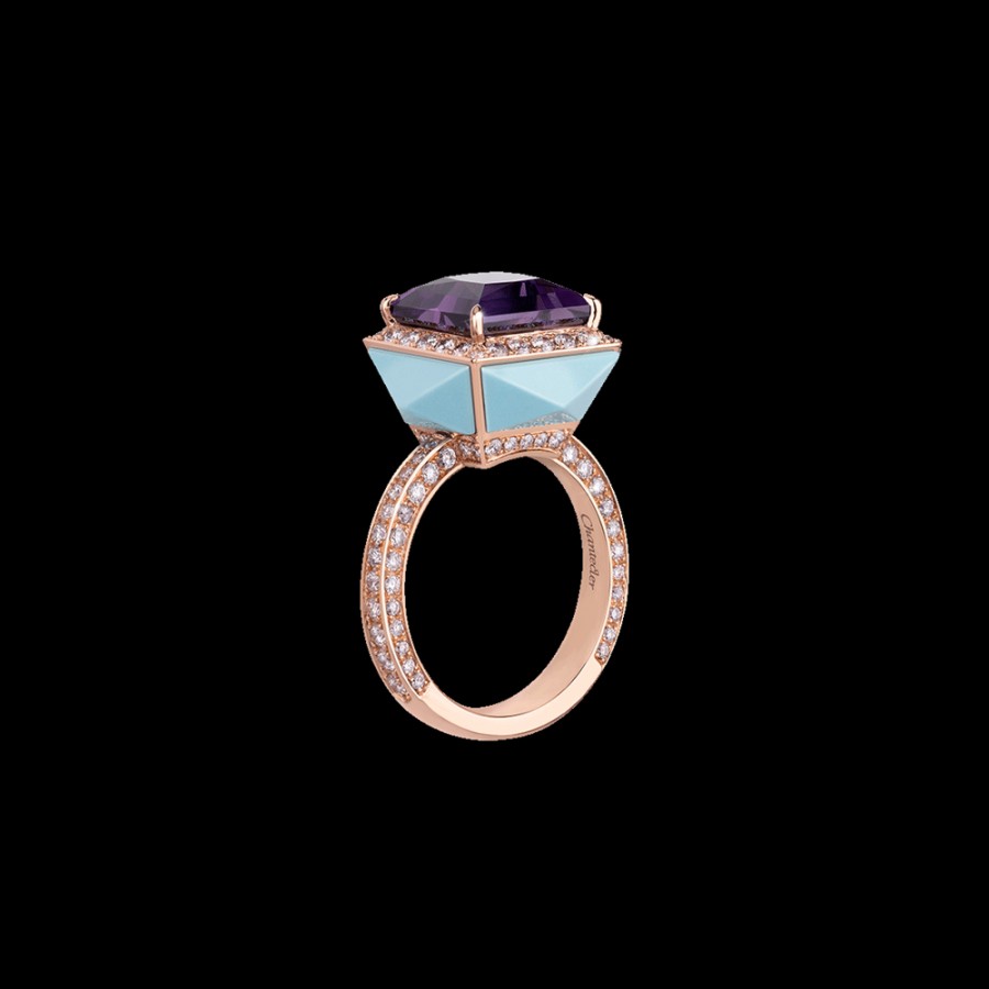 Jewelry Chantecler | Anello Piazzetta In Oro Rosa 18Kt Con Centro In Ametista E Cuspidi In Diamanti E Turchese Cod.41206