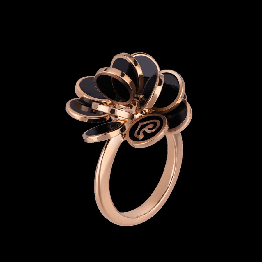 Jewelry Chantecler | Anello Fiore Paillettes Piccolo In Oro Rosa 18Kt E Smalto Nero Cod.35634