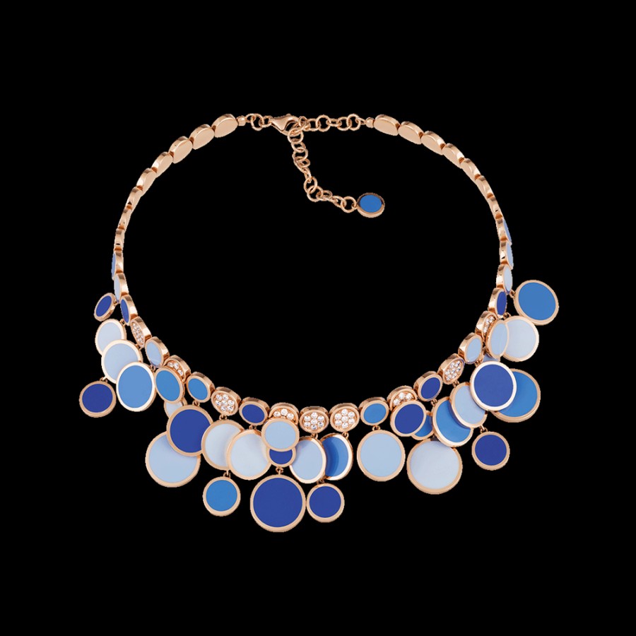 Jewelry Chantecler | Collana A Cascata Paillettes In Oro Rosa 18Kt, Diamanti E Smalto Blu Capri Cod.38632