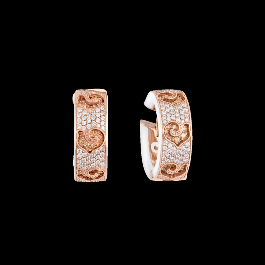 Jewelry Chantecler | Orecchini A Cerchietto Carousel In Oro Rosa 18Kt E Pave Di Diamanti, Galli In Diamanti Champagne E Smalto Bianco Cod.41112