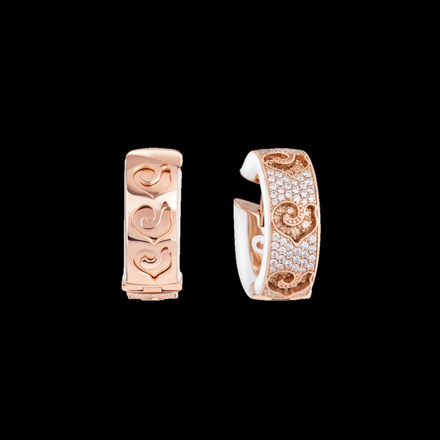 Jewelry Chantecler | Orecchini A Cerchietto Carousel In Oro Rosa 18Kt E Pave Di Diamanti, Galli In Diamanti Champagne E Smalto Bianco Cod.41112