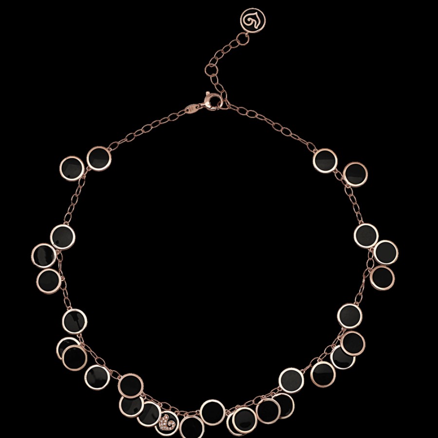 Jewelry Chantecler | Collana Girocollo Paillettes 38-42 Cm In Oro Rosa 18Kt, Diamanti E Smalto Nero Cod.42612