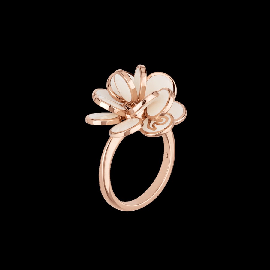 Jewelry Chantecler | Anello Fiore Paillettes Piccolo In Oro Rosa 18Kt E Smalto Bianco Cod.35256