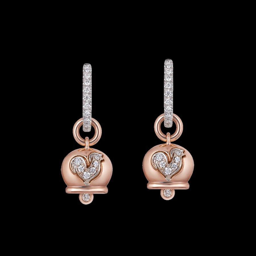 Jewelry Chantecler | Orecchini Campanella Piccoli In Oro Rosa 18Kt, Diamanti E Gallo In Pave Di Diamanti Cod.32560