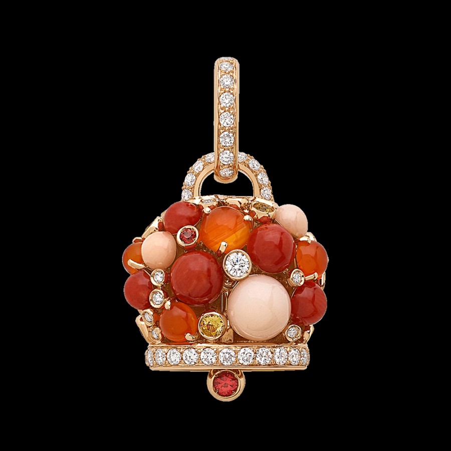 Jewelry Chantecler | Ciondolo Campanella Capri 1947 Grande In Oro Rosa 18Kt, Diamanti, Zaffiri Arancio, Corallo Rosa E Rosso E Agata Arancio Cod.39910