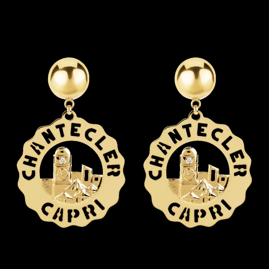 Jewelry Chantecler | Orecchini Logo Piazzetta Grandi In Oro Giallo 18Kt E Diamanti Cod.23186