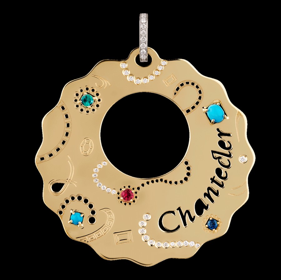 Jewelry Chantecler | Ciondolo Suamem Grande In Oro Giallo 9Kt, Turchese, Zaffiri, Rubini, Smeraldi E Diamanti Cod.30694