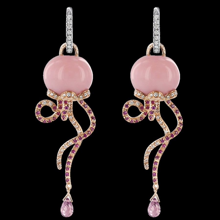 Jewelry Chantecler | Orecchini Campanella Medusa In Oro Rosa E Bianco 18Kt, Diamanti, Zaffiri Rosa E Opale Rosa Cod.31261