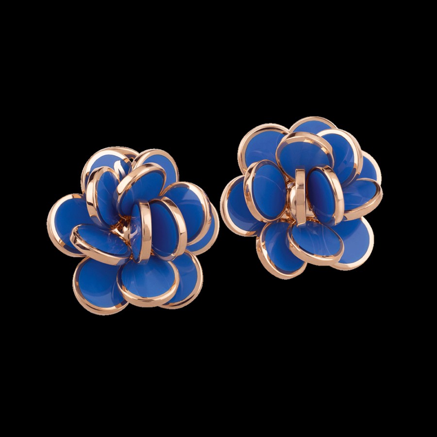 Jewelry Chantecler | Orecchini Fiore Paillettes Piccoli In Oro Rosa 18Kt E Smalto Blu Capri Cod.38896