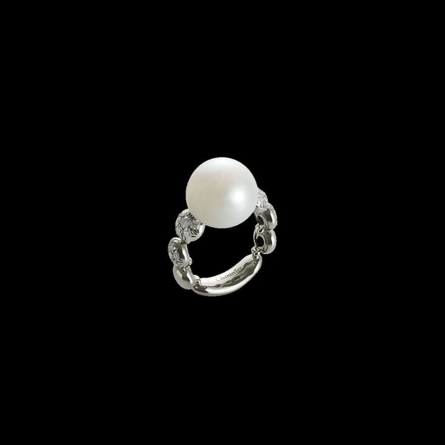 Jewelry Chantecler | Anello Bon Bon In Oro Bianco 18Kt, Diamanti E Perle Freshwater Cod.37979