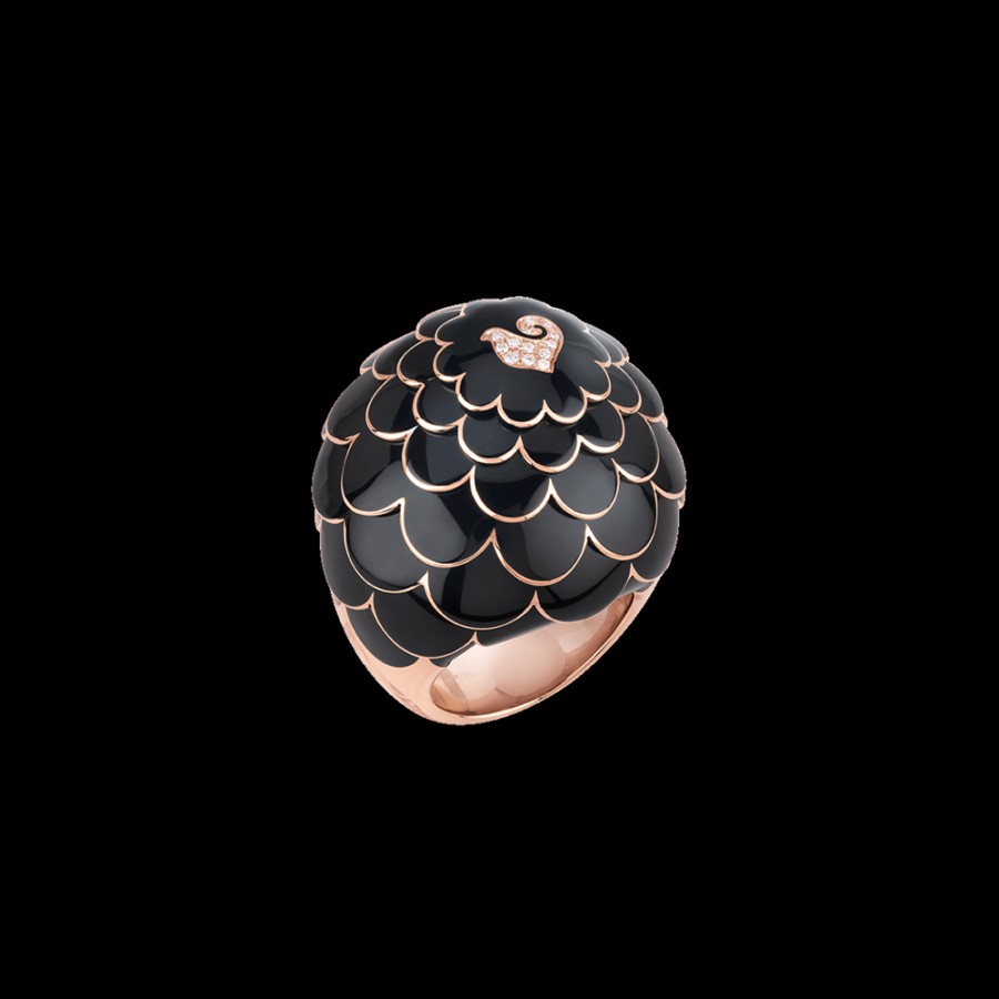 Jewelry Chantecler | Anello Cupola Paillettes In Oro Rosa 18Kt, Diamanti E Smalto Nero Cod.41124