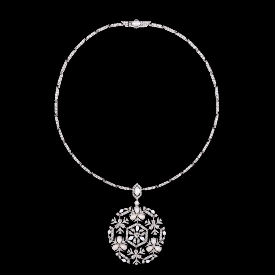 Jewelry Chantecler | Collana Caleidoscopio In Oro Bianco 18Kt, Diamanti, Agata Milky E Kogolong Cod.41758