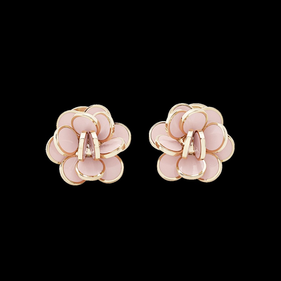 Jewelry Chantecler | Orecchini Fiore Paillettes Piccoli In Oro Rosa 18Kt E Smalto Rosa Cod.35261