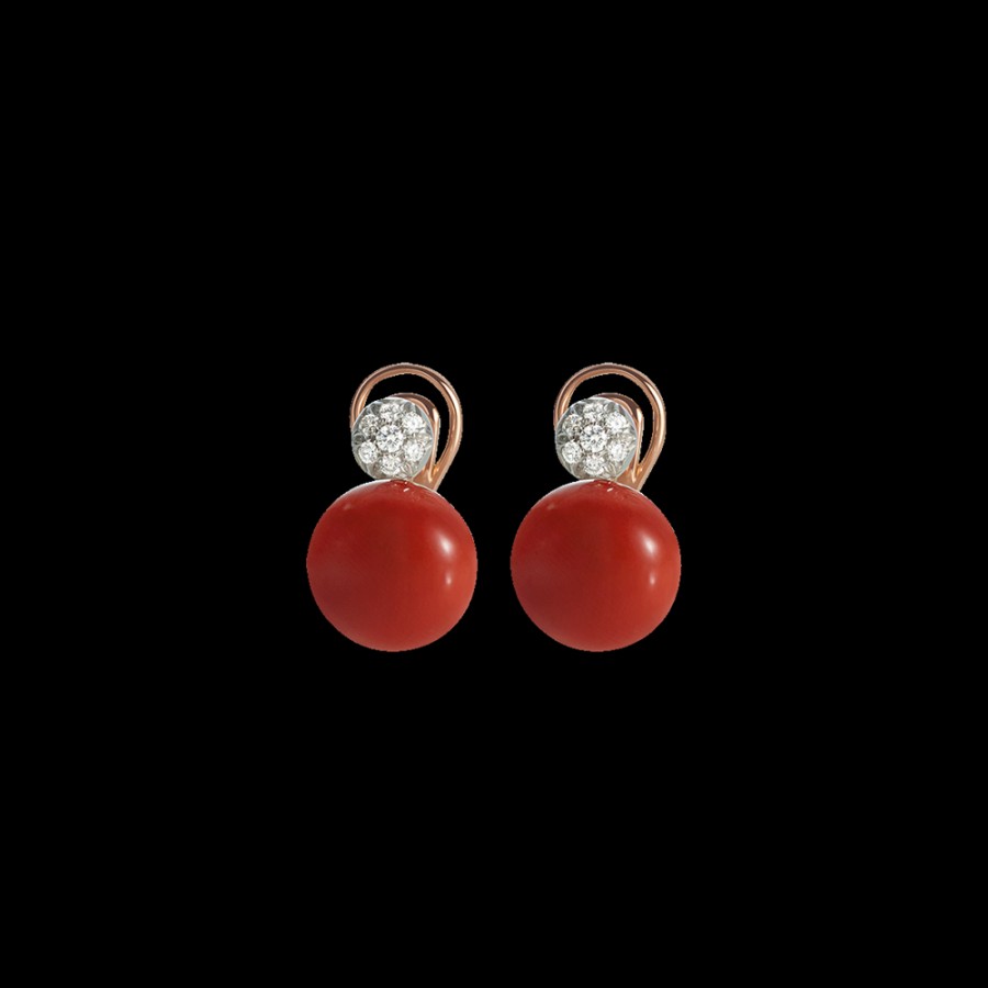 Jewelry Chantecler | Orecchini A Lobo Bon Bon In Oro Rosa 18Kt, Diamanti E Corallo Rosso Cod.37980