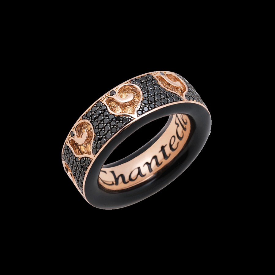 Jewelry Chantecler | Anello Fede Carousel In Oro Rosa 18Kt E Pave Di Diamanti Neri, Galli In Diamanti Champagne E Smalto Nero Cod.41111