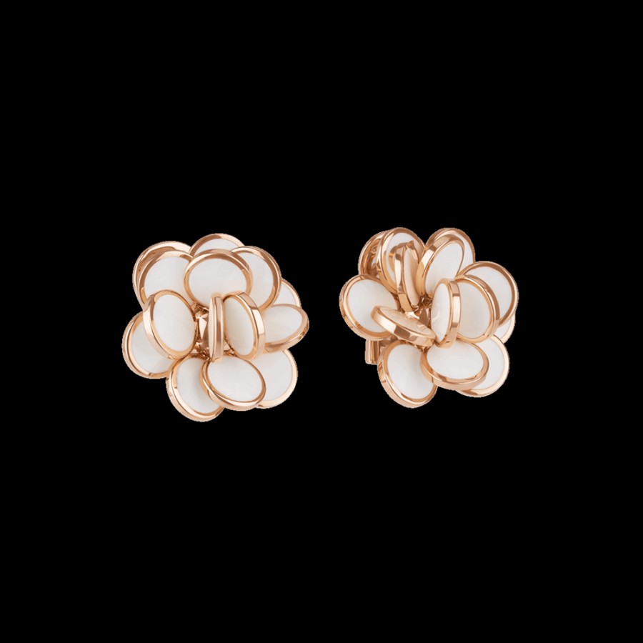 Jewelry Chantecler | Orecchini Fiore Paillettes Piccoli In Oro Rosa 18Kt E Smalto Bianco Cod.35260