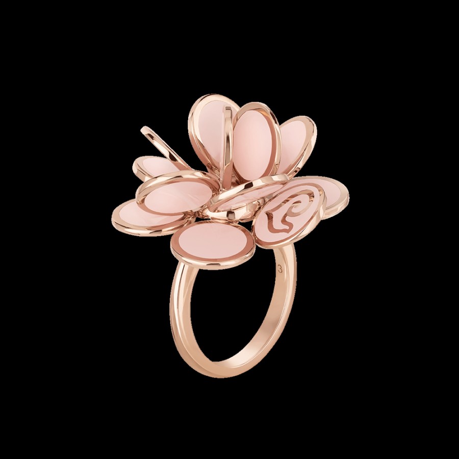 Jewelry Chantecler | Anello Fiore Paillettes Grande In Oro Rosa 18Kt E Smalto Rosa Cod.33610