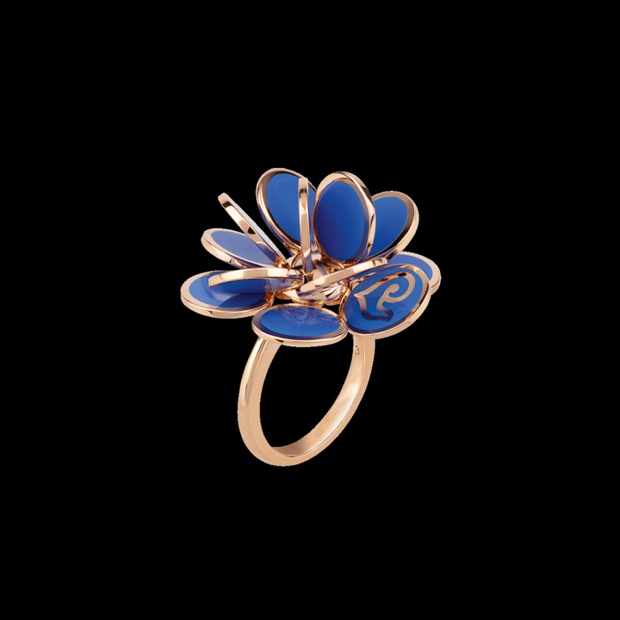 Jewelry Chantecler | Anello Fiore Paillettes Grande In Oro Rosa 18Kt E Smalto Blu Capri Cod.38892