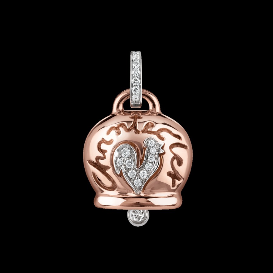 Jewelry Chantecler | Ciondolo Campanella Grande In Oro Rosa 18Kt, Diamanti E Gallo In Pave Di Diamanti Cod.27362