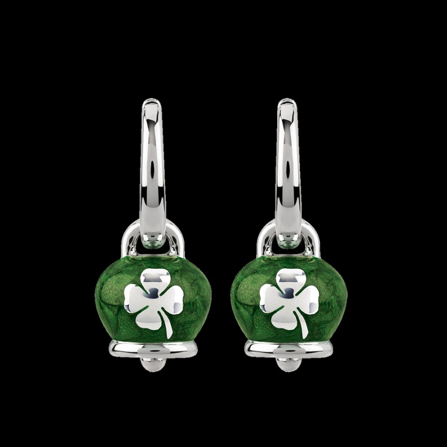 Et Voila Silver Chantecler | Orecchini Et Voila Campanella Piccoli In Argento E Smalto Verde Perlato Con Quadrifoglio Sul Retro Cod.38080