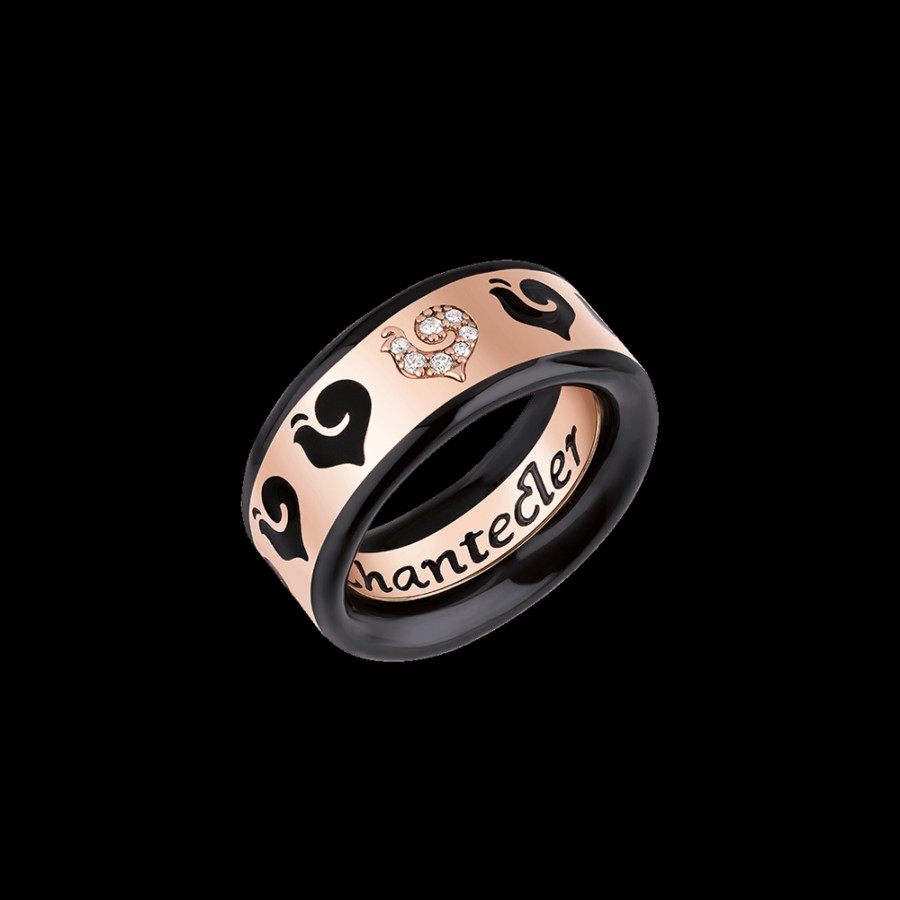 Jewelry Chantecler | Anello Fede Carousel In Oro Rosa 18Kt, Gallo In Pave Di Diamanti E Smalto Nero Cod.41032