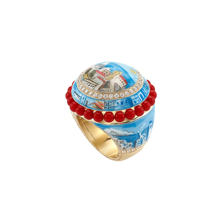 Jewelry Chantecler | Anello Miniatura In Oro Giallo 18Kt, Diamanti E Corallo Rosso Cod.40463