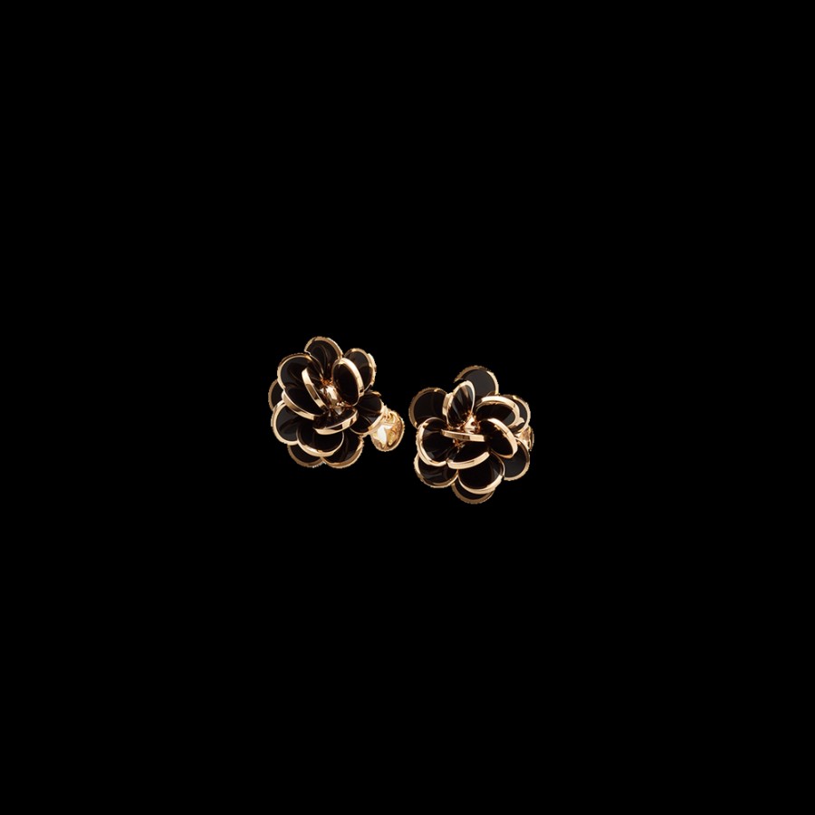 Jewelry Chantecler | Orecchini Fiore Paillettes Piccoli In Oro Rosa 18Kt E Smalto Nero Cod.35636