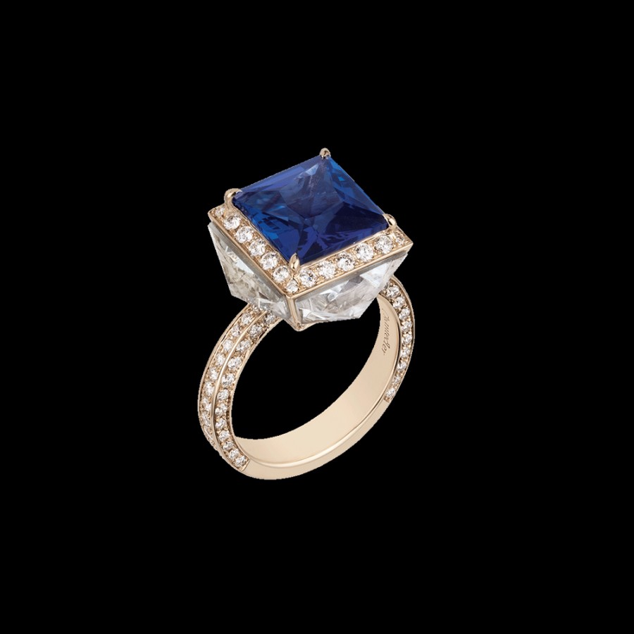 Jewelry Chantecler | Anello Piazzetta In Oro Biallo 18Kt Con Centro In Tanzanite E Cuspidi In Diamanti E Berillo Trasparente Cod.41191