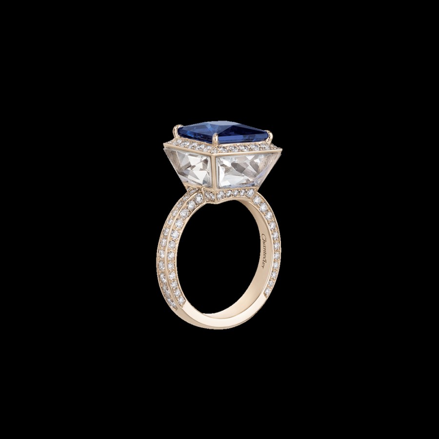 Jewelry Chantecler | Anello Piazzetta In Oro Biallo 18Kt Con Centro In Tanzanite E Cuspidi In Diamanti E Berillo Trasparente Cod.41191