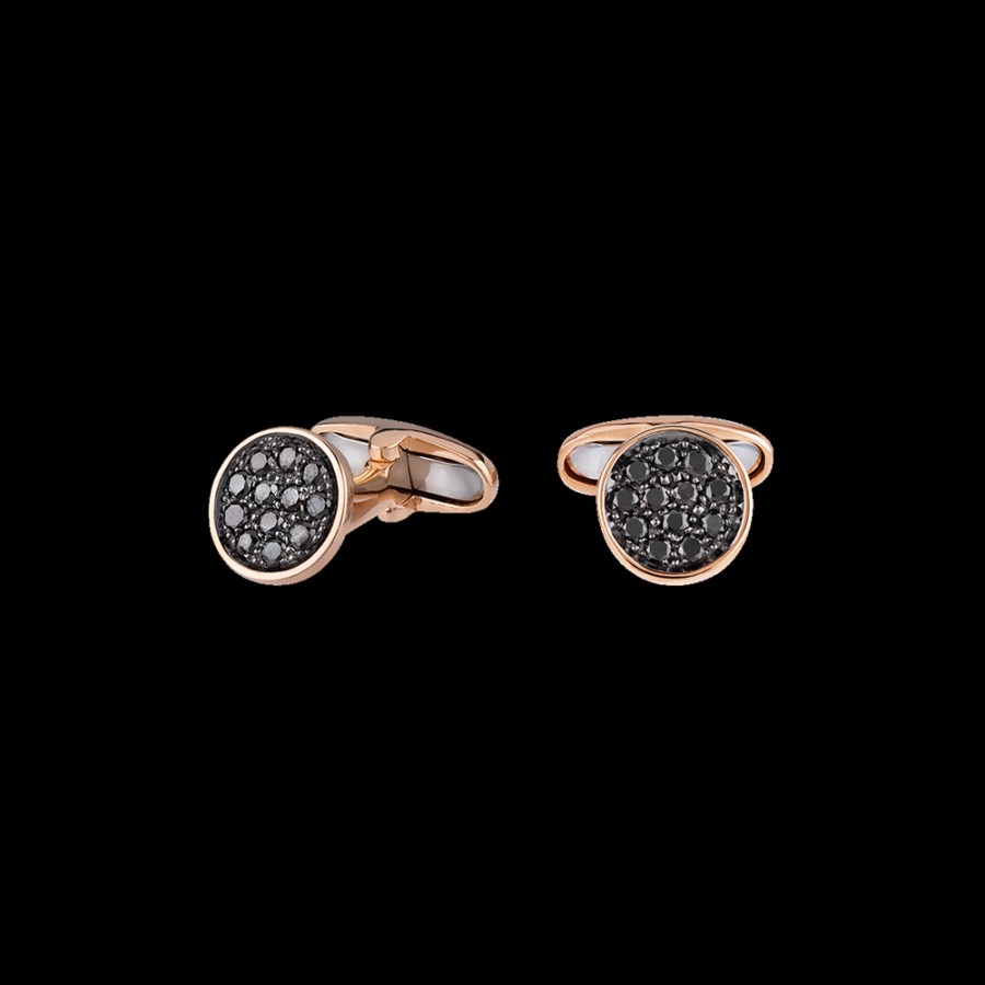 Jewelry Chantecler | Gemelli Paillettes In Oro Rosa 18Kt E Diamanti Neri Cod.41132