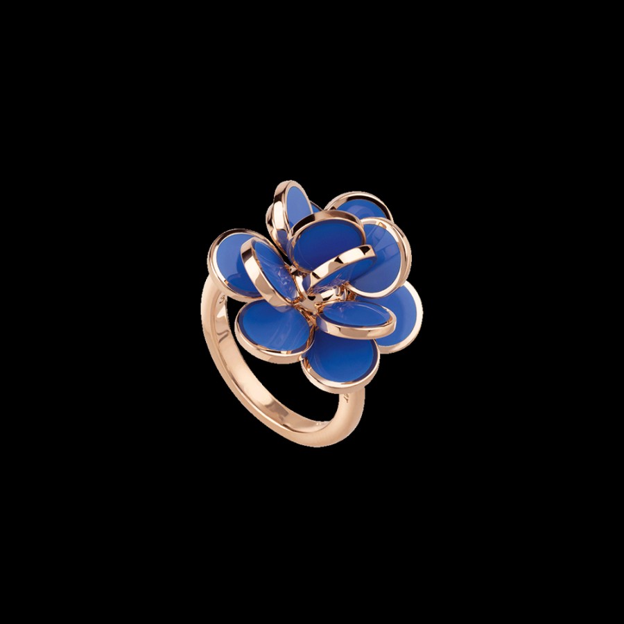 Jewelry Chantecler | Anello Fiore Paillettes Piccolo In Oro Rosa 18Kt E Smalto Blu Capri Cod.38893