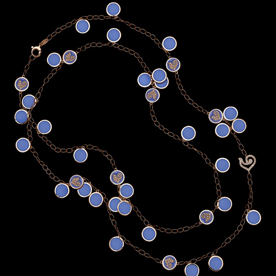 Jewelry Chantecler | Collana Lunga Paillettes 90Cm In Oro Rosa 18Kt, Diamanti E Smalto Blu Capri Cod.42693