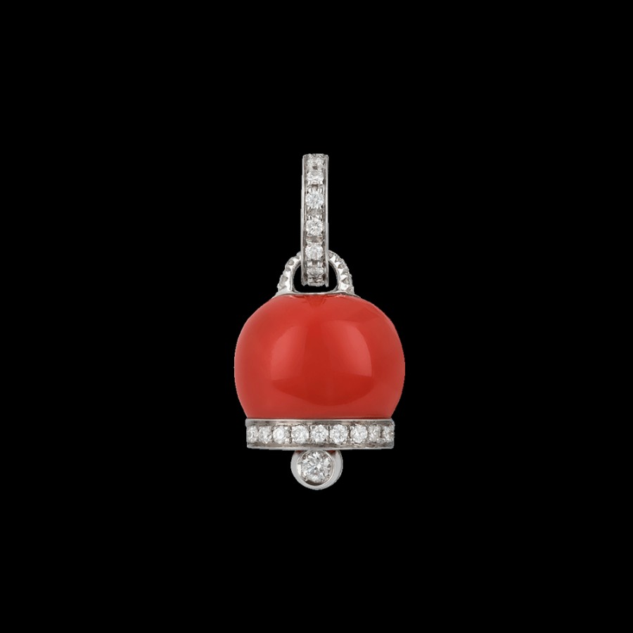 Jewelry Chantecler | Ciondolo Campanella Medio In Oro Bianco 18Kt, Diamanti E Corallo Rosso Cod.17755