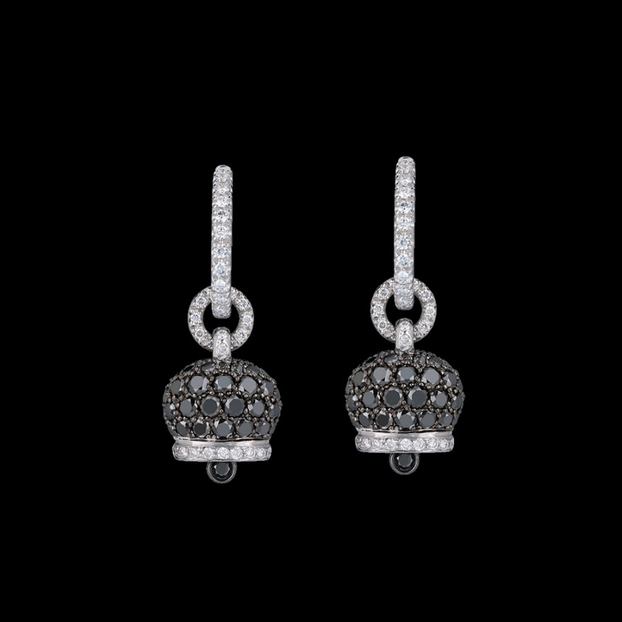 Jewelry Chantecler | Orecchini Campanella Piccoli In Oro Bianco 18Kt, Diamanti E Pave Di Diamanti Neri Cod.32557