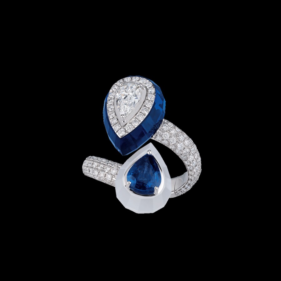 Jewelry Chantecler | Anello Contrarie Joyful In Oro Bianco 18Kt, Diamanti, Zaffiri, Spinello Blu E Agata Milky Cod.41253