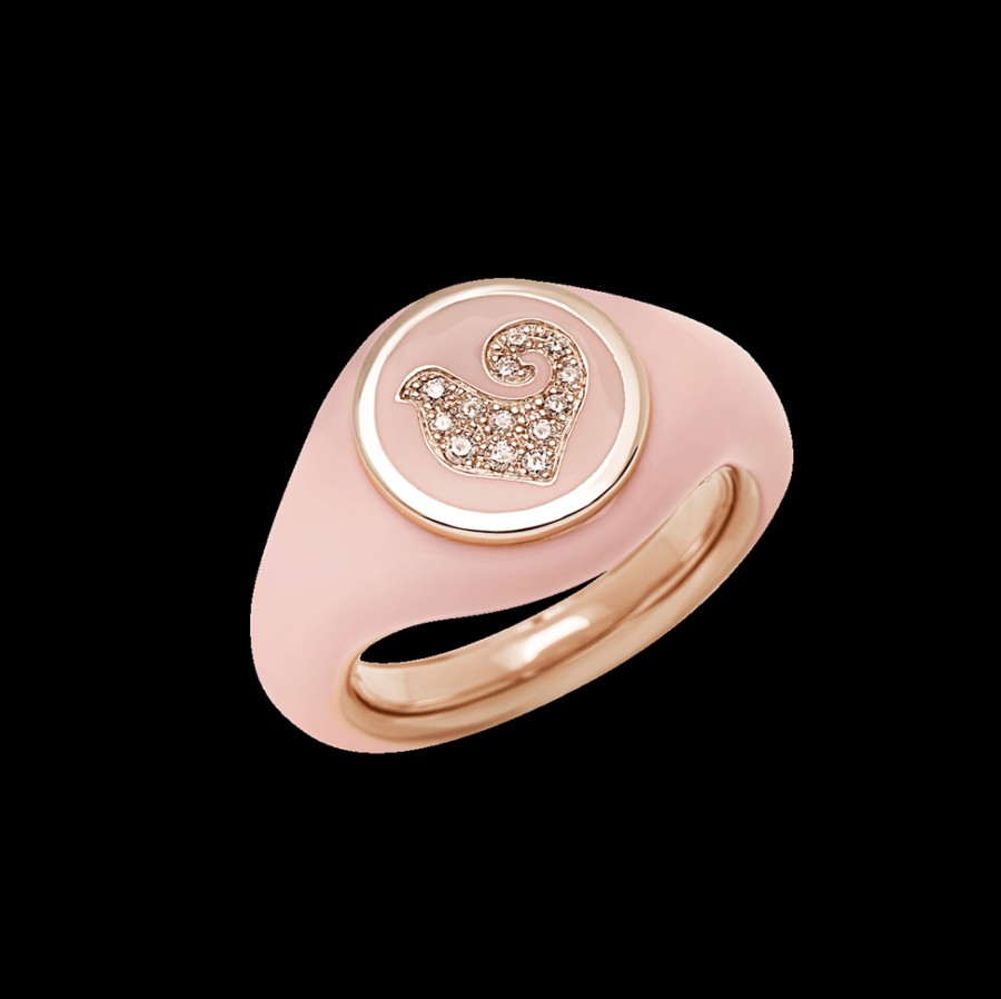 Jewelry Chantecler | Anello Paillettes Sygillum In Oro Rosa 18Kt, Galletto In Pave Di Diamanti E Smalto Rosa Cod.42702