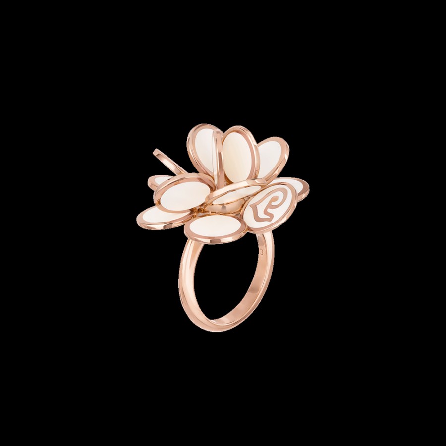 Jewelry Chantecler | Anello Fiore Paillettes Grande In Oro Rosa 18Kt E Smalto Bianco Cod.33607