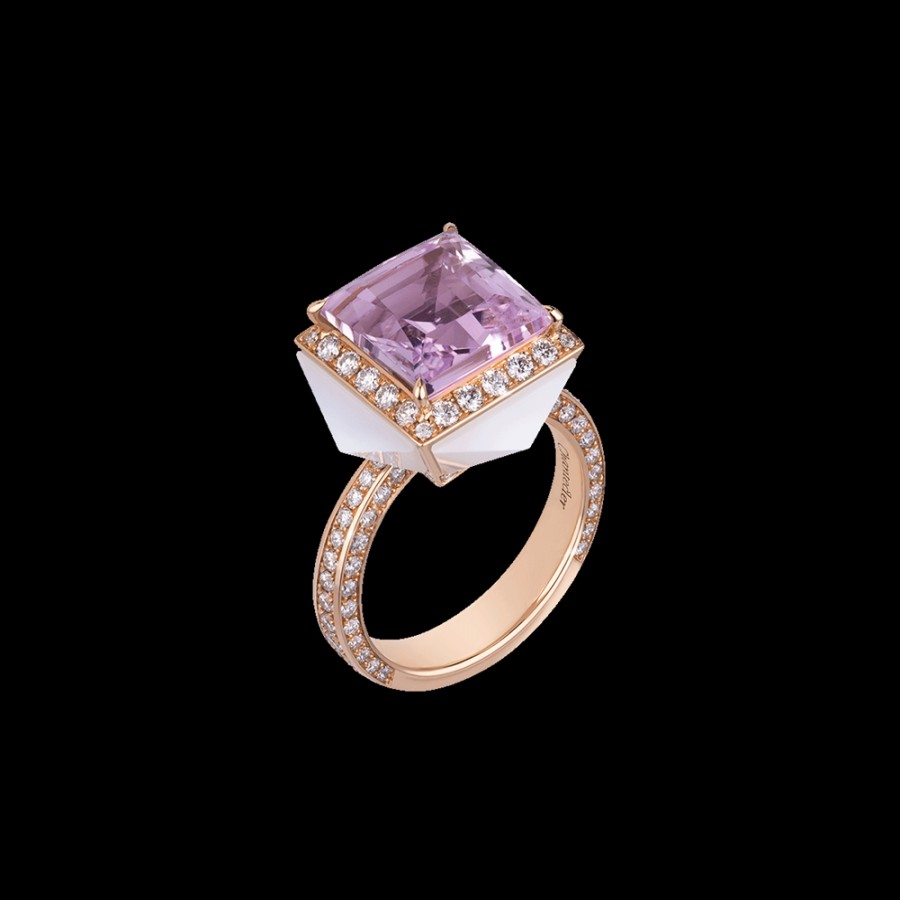 Jewelry Chantecler | Anello Piazzetta In Oro Rosa 18Kt Con Centro In Kunzite E Cuspidi In Diamanti E Agata Milky Cod.41179